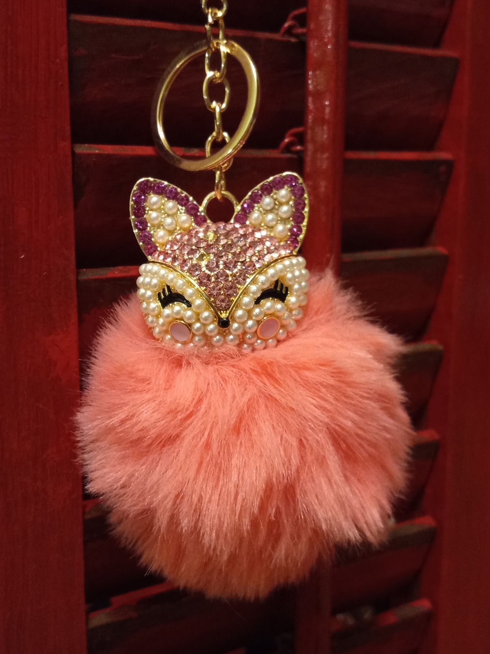 Pearl Fox Pom-Pom Keychain - Pink Faux Fur Charm